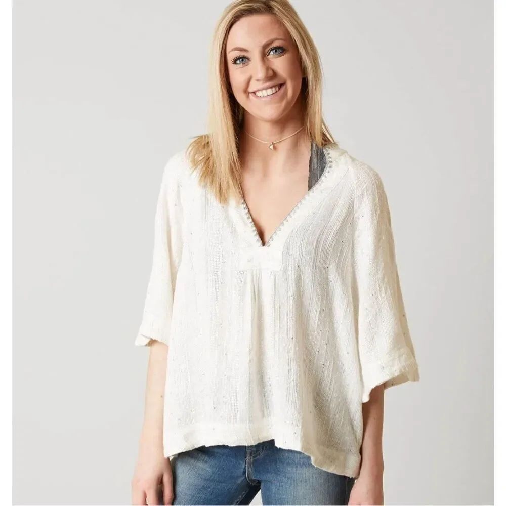 Free People Get Over It Silver Metallic Shimmer Blouse White Size M